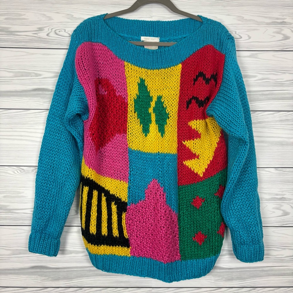 Vintage 80’s One Step Up Hand Knit Acrylic Colorblock Sweater Size Large